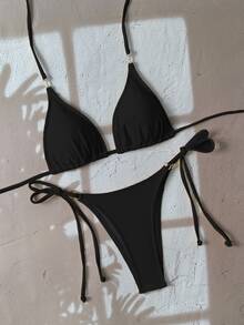 SHEIN Swim Conjunto de bikini de mujer para playa de verano con cuello de halter y broche de metal - Negro - Ver 4