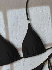 SHEIN Swim Conjunto de bikini de mujer para playa de verano con cuello de halter y broche de metal - Negro - Ver 7