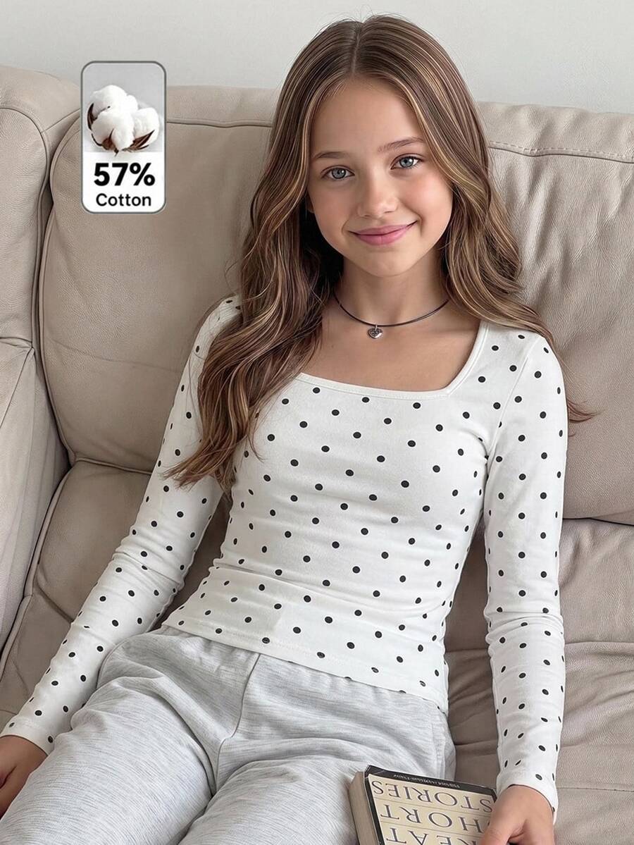 SHEIN Kids Tween Girl French Square Neck Long Sleeve Top, Black And White Polka Dot Print, Slim Fit Cropped Top, Spring/Autumn Inner Layer - White - View 1