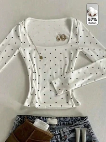 SHEIN Kids Tween Girl French Square Neck Long Sleeve Top, Black And White Polka Dot Print, Slim Fit Cropped Top, Spring/Autumn Inner Layer - White - View 4