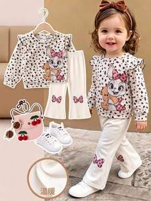 SHEIN Playful Pals 2件組幼兒女嬰衛衣喇叭褲套裝，可愛甜美白色粉色荷葉邊蝴蝶結豹紋兔兔長袖公主芭蕾風，適合派對、秋季假期 - 彩色 - 查看 1