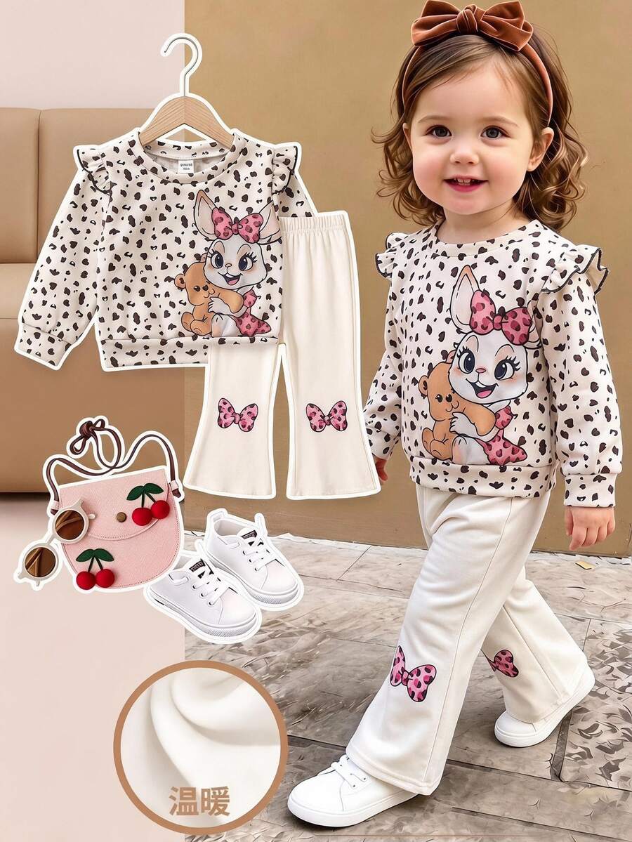 SHEIN Playful Pals 2件組幼兒女嬰衛衣喇叭褲套裝,可愛甜美白色粉色荷葉邊蝴蝶結豹紋兔兔長袖公主芭蕾風,適合派對、秋季假期 - 彩色 - 查看 1