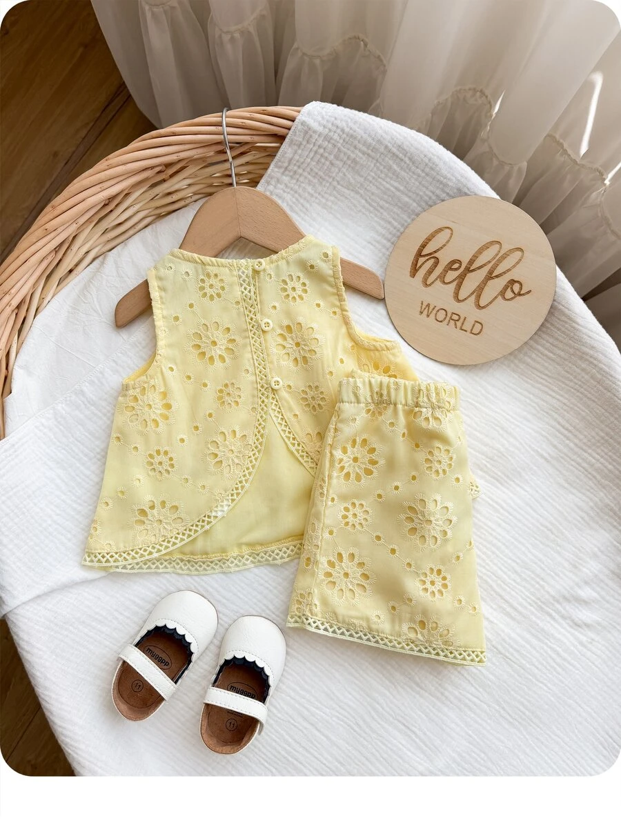 Babygirl Summer Cute Vacation Embroidered Hollow-Out Lace Patchwork Sleeveless Top And Elastic Waist Shorts Set - Mustard Yellow - View 1