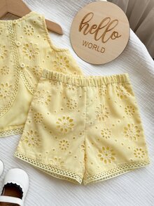Babygirl Summer Cute Vacation Embroidered Hollow-Out Lace Patchwork Sleeveless Top And Elastic Waist Shorts Set - Mustard Yellow - View 4