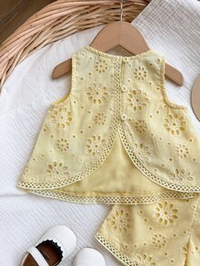 Babygirl Summer Cute Vacation Embroidered Hollow-Out Lace Patchwork Sleeveless Top And Elastic Waist Shorts Set - Mustard Yellow - View 6