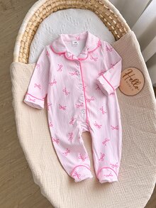 SHEIN 新生女嬰蝴蝶結針織休閒長袖連身衣 - 淺粉色 - 查看 9