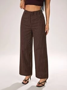 SHEIN PETITE Women's Brown Striped Cotton-Blend Straight-Leg Pants: Elegant Teacher's Pants - Brown - View 3
