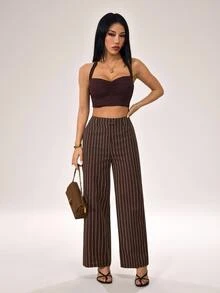 SHEIN PETITE Women's Brown Striped Cotton-Blend Straight-Leg Pants: Elegant Teacher's Pants - Brown - View 4