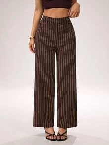 SHEIN PETITE Women's Brown Striped Cotton-Blend Straight-Leg Pants: Elegant Teacher's Pants - Brown - View 5