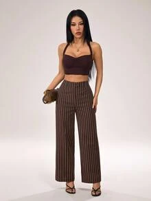 SHEIN PETITE Women's Brown Striped Cotton-Blend Straight-Leg Pants: Elegant Teacher's Pants - Brown - View 6