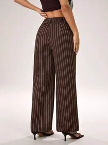 SHEIN PETITE Women's Brown Striped Cotton-Blend Straight-Leg Pants: Elegant Teacher's Pants - Brown - View 2