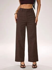 SHEIN PETITE Women's Brown Striped Cotton-Blend Straight-Leg Pants: Elegant Teacher's Pants - Brown - View 1