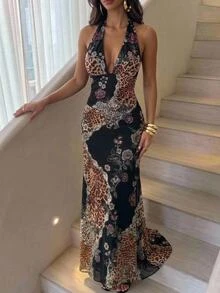 Aloruh 女款優雅性感V領復古印花洋裝，女款優雅洋裝，女性萬聖節服裝，度假穿搭女裝，女性生日洋裝 - 彩色 - 查看 3