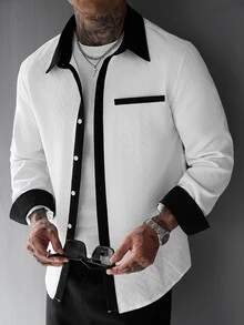 SLATEMANN Men's Autumn/Winter Long Sleeve Black & White Colorblock Shirt - White - View 5