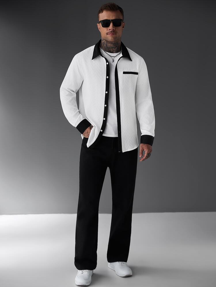 SLATEMANN Men's Autumn/Winter Long Sleeve Black & White Colorblock Shirt - White - View 6