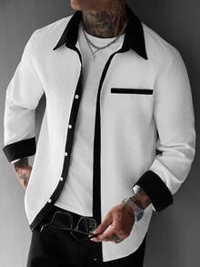 SLATEMANN Men's Autumn/Winter Long Sleeve Black & White Colorblock Shirt - White - View 7