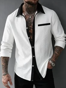 SLATEMANN Men's Autumn/Winter Long Sleeve Black & White Colorblock Shirt - White - View 1