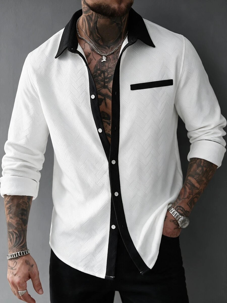 SLATEMANN Men's Autumn/Winter Long Sleeve Black & White Colorblock Shirt - White - View 1