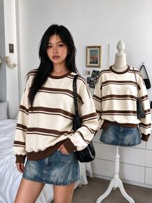 Lalippa Vintage Brown & White Striped Crew Neck Sweatshirt For Women, Autumn Loose Drop Shoulder Slouchy Pullover - Apricot - View 1