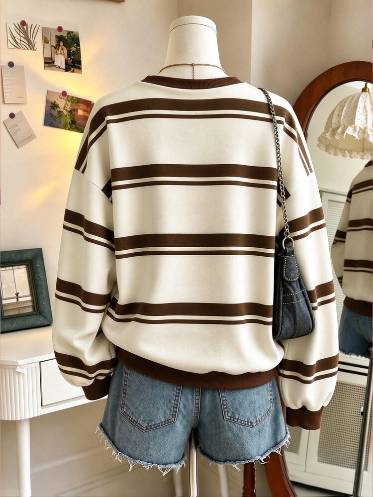 Lalippa Vintage Brown & White Striped Crew Neck Sweatshirt For Women, Autumn Loose Drop Shoulder Slouchy Pullover - Apricot - View 2