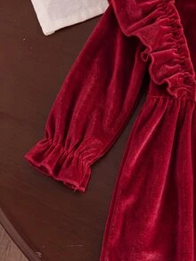SHEIN 嬰兒幼童女童毛絨洋裝 甜美公主風 酒紅配白色 荷葉邊毛茸茸下擺 長袖圓領 常規版 派對冬季節日芭蕾風 - 紅色 - 查看 7