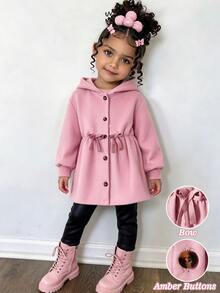 Genkimix Kids 女童純色連帽中長版外套，長袖前開扣外衣，腰部抽繩蝴蝶結設計，休閒寬鬆版型，秋冬聖誕年輕女孩夾克 - 粉色 - 查看 4