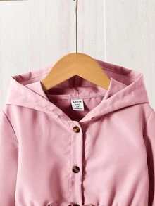 Genkimix Kids 女童純色連帽中長版外套，長袖前開扣外衣，腰部抽繩蝴蝶結設計，休閒寬鬆版型，秋冬聖誕年輕女孩夾克 - 粉色 - 查看 9
