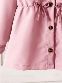 Genkimix Kids 女童純色連帽中長版外套，長袖前開扣外衣，腰部抽繩蝴蝶結設計，休閒寬鬆版型，秋冬聖誕年輕女孩夾克 - 粉色 - 查看 12