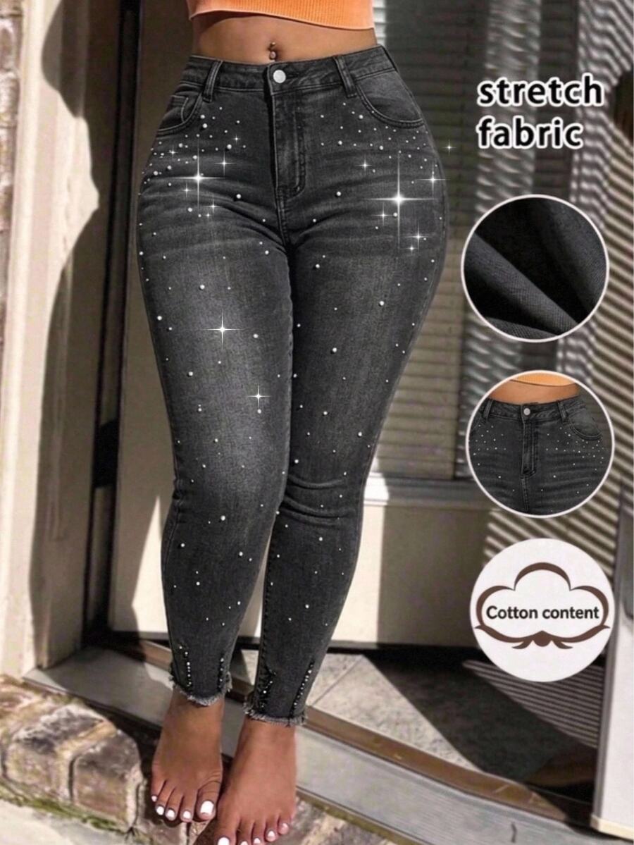 Slaydiva Plus Size Women's High Waist Skinny Ankle Denim Jeans With Rhinestone Embellishment, Ripped Faded Black Going Out Birthday Club Fall Casual Baggy - Black - View 1