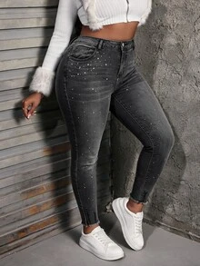 Slaydiva Plus Size Women's High Waist Skinny Ankle Denim Jeans With Rhinestone Embellishment, Ripped Faded Black Going Out Birthday Club Fall Casual Baggy - Black - View 9