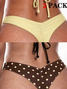 SHEIN Swim 女款性感熱帶海灘派對度假抓皺比基尼泳褲，夏季奶油黃棕色波點 - 彩色 - 查看 5