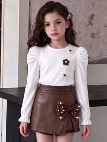 SHEIN 3pcs Set Fashionable & Elegant Girls Outfit: Pu Sleeve Ribbed Knit Top + Beaded Bow Shorts + Beret Hat - Brown - View 5