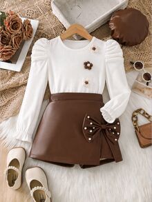 SHEIN 3pcs Set Fashionable & Elegant Girls Outfit: Pu Sleeve Ribbed Knit Top + Beaded Bow Shorts + Beret Hat - Brown - View 3
