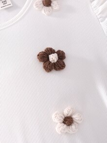 SHEIN 3pcs Set Fashionable & Elegant Girls Outfit: Pu Sleeve Ribbed Knit Top + Beaded Bow Shorts + Beret Hat - Brown - View 7