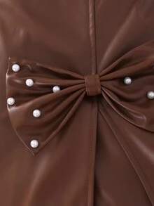 SHEIN 3pcs Set Fashionable & Elegant Girls Outfit: Pu Sleeve Ribbed Knit Top + Beaded Bow Shorts + Beret Hat - Brown - View 8