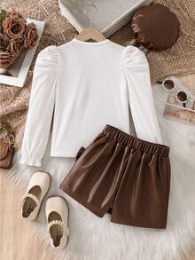 SHEIN 3pcs Set Fashionable & Elegant Girls Outfit: Pu Sleeve Ribbed Knit Top + Beaded Bow Shorts + Beret Hat - Brown - View 2