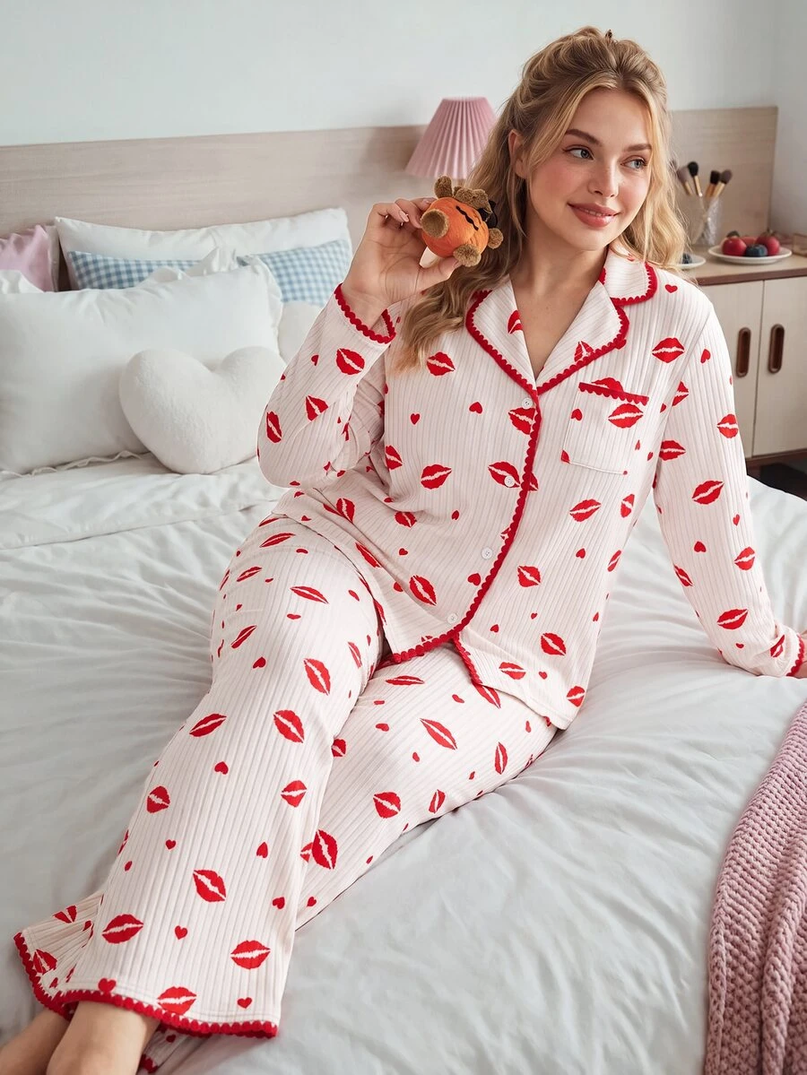 Slumberry CURVE Sweet & Lovely Valentine's Day Red Heart & Red Lips Pajama Set, Elegant & Romantic Plus Size Sleepwear - Multicolor - View 1