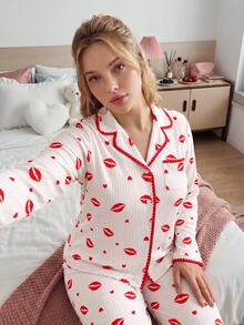 Slumberry CURVE Sweet & Lovely Valentine's Day Red Heart & Red Lips Pajama Set, Elegant & Romantic Plus Size Sleepwear - Multicolor - View 5