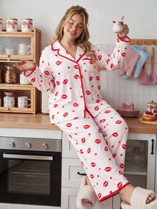 Slumberry CURVE Sweet & Lovely Valentine's Day Red Heart & Red Lips Pajama Set, Elegant & Romantic Plus Size Sleepwear - Multicolor - View 4