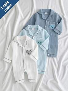 [1 Set Random Selection]Newborn Long Sleeve Lapel Collar Double Layer Woven Non-Stretch Home Wear, Cute Koala Bear Embroidery Patch, Best Gift For Newborns, Home Wear, Versatile Fashion, Best Choice - Multicolor - View 1