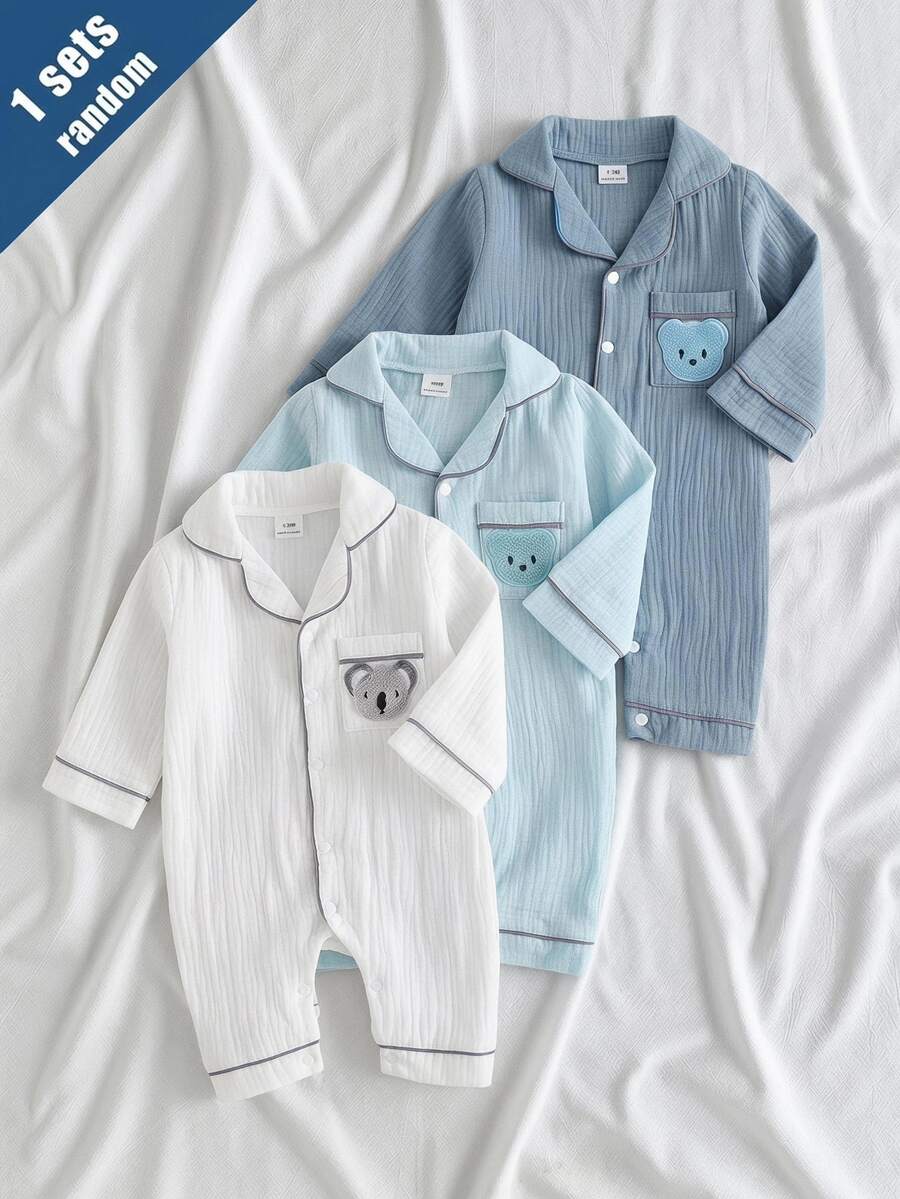 [1 Set Random Selection]Newborn Long Sleeve Lapel Collar Double Layer Woven Non-Stretch Home Wear, Cute Koala Bear Embroidery Patch, Best Gift For Newborns, Home Wear, Versatile Fashion, Best Choice - Multicolor - View 1