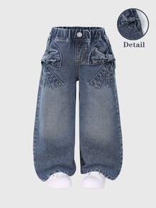 SHEIN Playful Pals Young Girls Casual Cowgirl All-Match Cute Bow Jacquard Pocket Loose Straight Washed Denim Jeans Suitable For Daily Wear Autumn Fall Baby Blue Summer - Light Wash - View 4