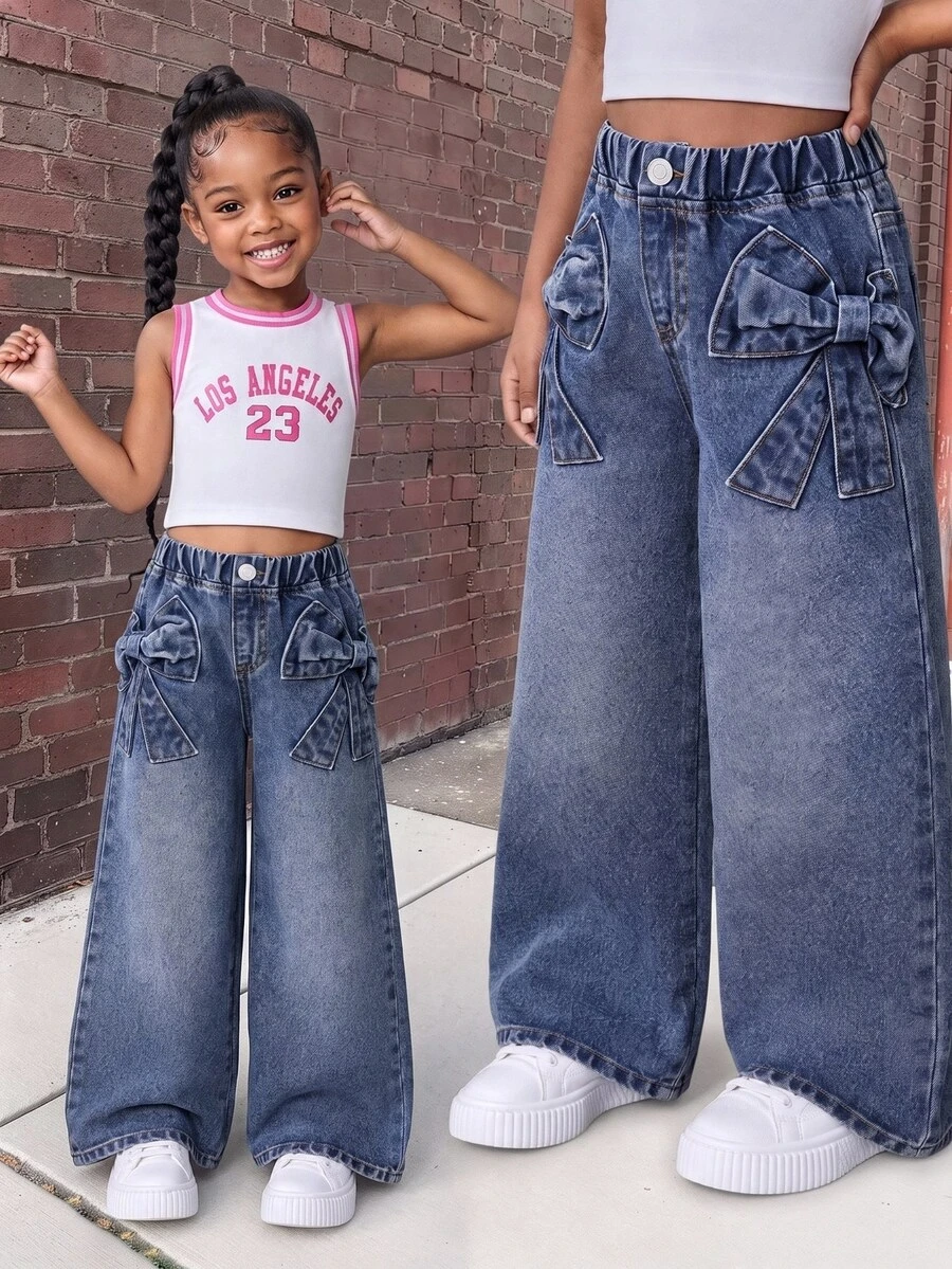 SHEIN Playful Pals Young Girls Casual Cowgirl All-Match Cute Bow Jacquard Pocket Loose Straight Washed Denim Jeans Suitable For Daily Wear Autumn Fall Baby Blue Summer