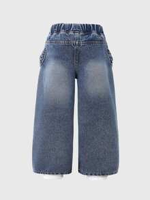 SHEIN Playful Pals Young Girls Casual Cowgirl All-Match Cute Bow Jacquard Pocket Loose Straight Washed Denim Jeans Suitable For Daily Wear Autumn Fall Baby Blue Summer - Light Wash - View 3