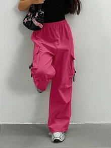 SHEIN 青少年女孩秋季服飾 彈性腰寬鬆百褶寬腿工裝口袋褲 Y2K 少女可愛休閒極簡返校穿搭 粉色沙灘風 - 玫紅色 - 查看 5