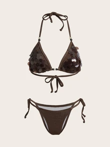 Opulessa Women's Summer Beach Party Vacation Solid Color Tropical Sequin Halter Tie Sexy Fashion Bikini Two-Piece Swimsuit Set With Cover-Up Dress - Brown - View 7
