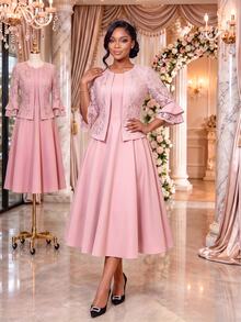 SHEIN Lady Women's Pink Lace Sheer 3/4 Sleeve Round Neck Top A-Line Midi Dress Elegant Matching Two Pieces Set Party Cocktail Formal Wedding Guest Church Going - Pink - View 4