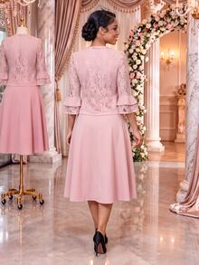 SHEIN Lady Women's Pink Lace Sheer 3/4 Sleeve Round Neck Top A-Line Midi Dress Elegant Matching Two Pieces Set Party Cocktail Formal Wedding Guest Church Going - Pink - View 2
