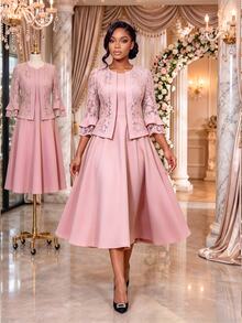 SHEIN Lady Women's Pink Lace Sheer 3/4 Sleeve Round Neck Top A-Line Midi Dress Elegant Matching Two Pieces Set Party Cocktail Formal Wedding Guest Church Going - Pink - View 1
