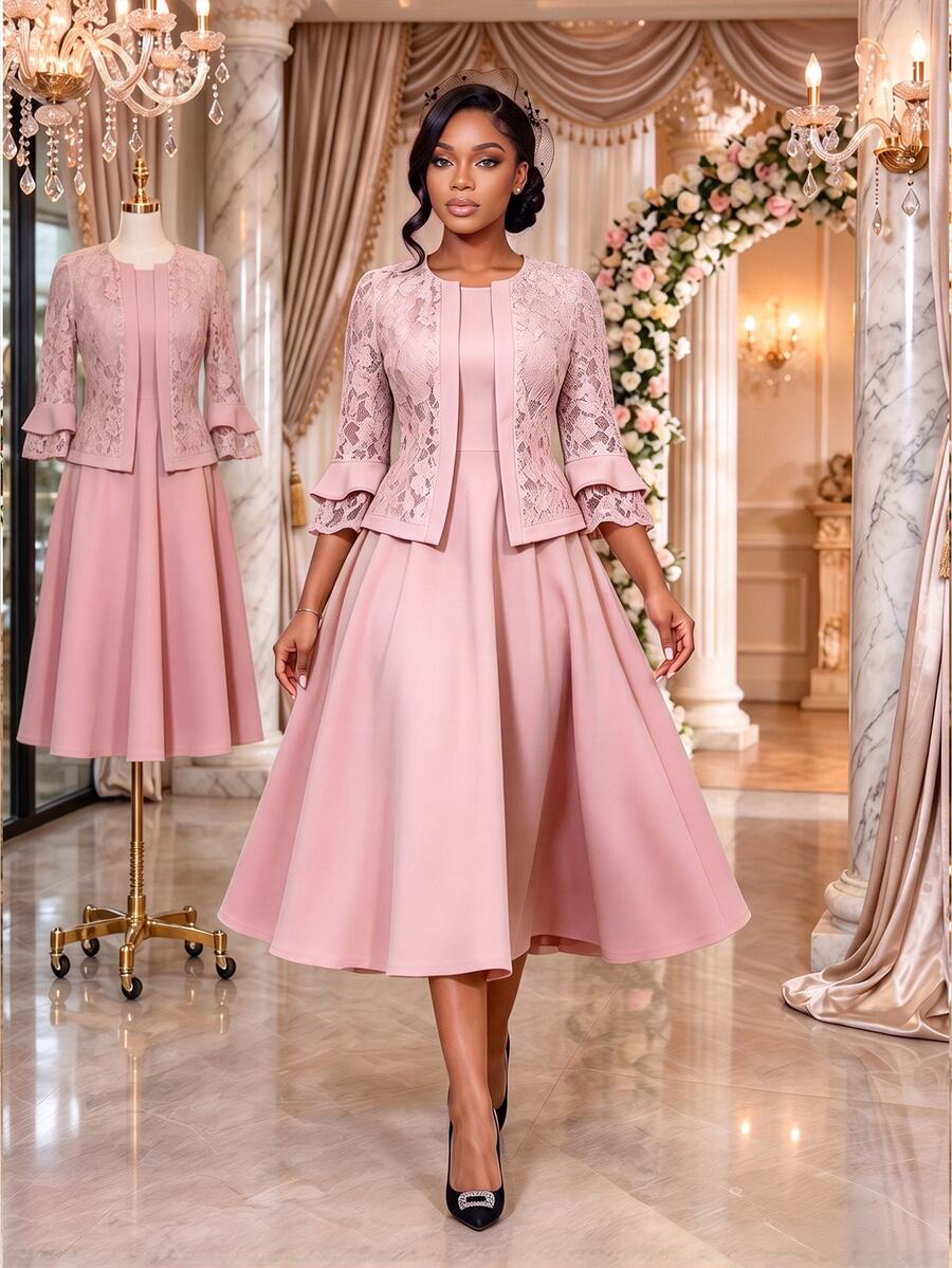 SHEIN Lady Women's Pink Lace Sheer 3/4 Sleeve Round Neck Top A-Line Midi Dress Elegant Matching Two Pieces Set Party Cocktail Formal Wedding Guest Church Going - Pink - View 1